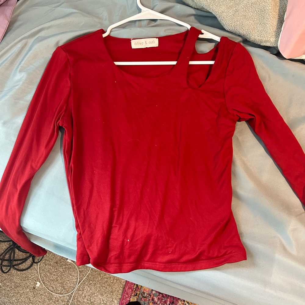 Red Long-Sleeve Asymmetrical Cut Out Top